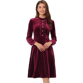 Allegra K Velvet Dress for Women's Mock Neck Button Front Ruffle Vintage Flared Dresses