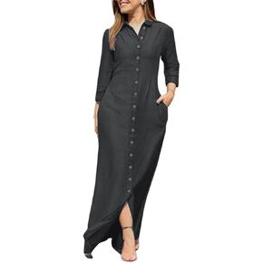 utcoco Womens Casual Button Down Denim Maxi Dress Lapel Long Sleeve Long Jean Dresses with Pockets in Kuwait