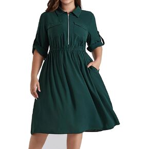 Hanna Nikole Plus Size Women Casual Midi Dress with Pockets Lapel V Neck Shirt Dress A Line Short Sleeve Dresses Tunic Dress