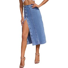 Women's Casual Slit Denim Midi Jean Skirt Stretch High Waisted Button Up Frayed with Pockets
