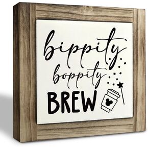 XJCUG Bippity Boppity Wood Plaque Sign, Box Wood Plaques Desk Décor, Rustic Wood Coffee Table Sign, Kitchen Home Decor, Tabletop Decor Sign, Coffee Lover Gift, Disney Lover Gift 5.9×5.9inch