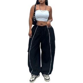 GORGLITTER Women's Plus Size Flap Pocket Cargo Pants Drawstring High Waisted Baggy Parachute Pants