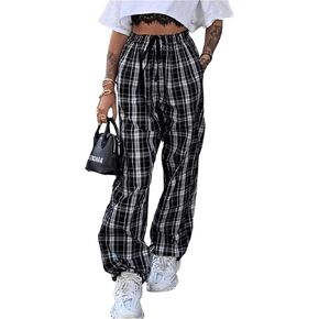 Floerns Women's Plaid Print Drawstring Waist Trousers Straight Leg Street Pants