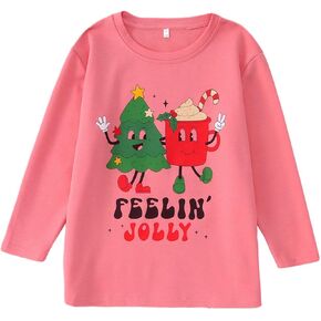 Boys Girls Christmas Shirt Long Sleeve Feelin' Jolly Graphic T-Shirt Unisex Kids Xmas Holiday Tops Clothes 7-12 Years