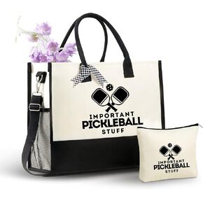 InnoBeta Pickleball Gifts for Women Canvas Tote Bag, Important Pickleball Stuff Bag with Top Zipper Closure and Shoulder Strap for Pickleball Lovers, Coaches for Birthday, Christmas