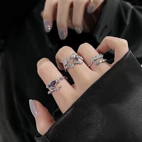 Gothic Crystal Knuckle Rings Set 3pcs Irregular Half Open Adjustable Ring Band Sparkling Gemstone Ring Pack for Women and Girls