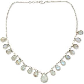 NOVICA Artisan Handcrafted Rainbow Necklace | Sterling Silver White Pendant | Moonstone | Waterfall Fortune Birthstone | Lead & Toxin Free | Garnet Jewelry | Luminous Light 8.25"L x 0.7"W x 0.2"D