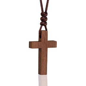 Natural Walnut Wood Cross Necklace for Men & Women - Small Wood Cross Pendant Necklace for Men and Women - Small Wooden Cross for Car Mirror - Religious Pendant Necklace Jewelry