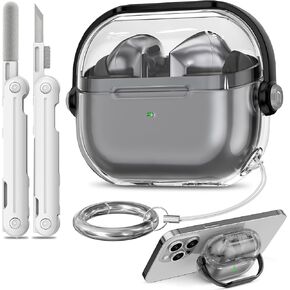 【with Safety Lock】 for Samsung Galaxy Buds 3 Case/Galaxy Buds 3 Pro Case,TPU Clear Case Cover Compatible with Samsung Galaxy Buds3 Pro with Cleaner with Keychain for Men for Women, Clear+White