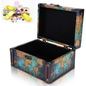 Cyrank Vintage Wooden Storage Box, Wood Treasure Chest with Lid and Lock Retro World Map Pattern Decorative Box Wooden Keepsakes Storage Box for Birthday Travel Letter Home Decoration(Blue)