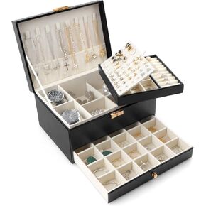 Jewelry Box for Women Girls, 3 Layers Large Jewelry Organizer Storage Case with Lock,Travel Jewelry Organizer Box Display for Ideal Gift Earring Necklace Bracelet Ring Watches