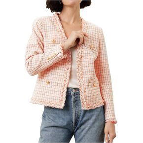 Pastel Tweed Jackets for Women Elegant Plaid Collarless Business Office Casual Outfits Fall Jackets for Women 2024