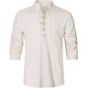 Men's Renaissance Long Sleeved Shirt Pirate Medieval Cotton Shirt Hippie lace up top Halloween Costume