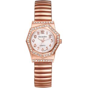 Avaner Women's Elastic Wrist Watches: Rhinestones Stretch Band Rosegold Octagonal Analog Quartz Bling Watch