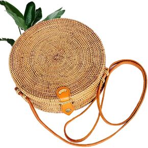 Handwoven Round Rattan Straw Bag for Women Shoulder Leather Button Straps Natural Chic Handmade Boho Bag Bali Purse