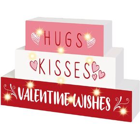 Valentines Day Decor,11 LED Valentine Wood Block Sign, Valentine Wishes Rustic Letters, Farmhouse Home Table Centerpiece Decor,Valentine's Day decor Tiered Tray, Tables, Mantel Decor，Valentine Gift