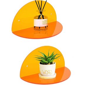 ROYALITA Small Acrylic Shelves Room Decor Floating Shelves (2-Pack, 8-inch Diameter) - Wall Mounted Display Stand for Plants, Toys, Makeup, and More - Ideal for Home and Office, Orange