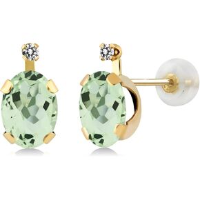 Gem Stone King 14K Yellow Gold Green Prasiolite and White Diamond Earrings For Women (2.01 Cttw, Gemstone Birthstone, Oval 7X5MM)