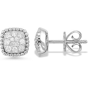 Diamond Delight 1/3 Carat Natural Diamond Cushion Stud Earrings for Women - 14k White Gold Earrings for Her with Adorned Square Cluster Design (H, VS1, 0.30 cttw) Secure Push Back Studs