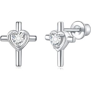 925 Sterling Silver Cross Earrings Screw Back with Heart CZ Hypoallergenic Stud Christian Religious Faith Jewelry Gifts