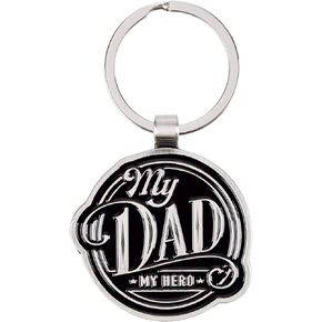 Christian Art Gifts Inspirational Black Metal Scripture Keychain for Fathers: My Dad My Hero - Proverbs 14:26 Bible Verse Keychain Accessory with Split Metal Key Ring in Gift Tin, Car Keys, House Keys