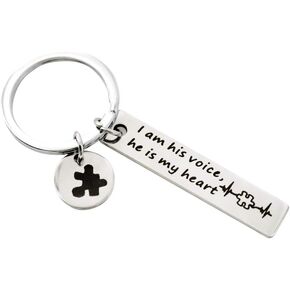 Hibetek Autism Awareness Keychain I Am His Voice He is My Heart Keychain with Puzzle Piece Charm Autism Mom