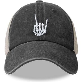 Skeleton Hand Trucker Hat, Adjustable Embroidered Skull Finger Mesh Snapback Baseball Cap