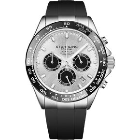 Stuhrling Aquamaster Quartz Chronograph Watch Silver Dial Screw Down Crown Luminous Hands, Ceramic Bezel, Black Rubber Band for Men 42mm Case Date Water Resistance