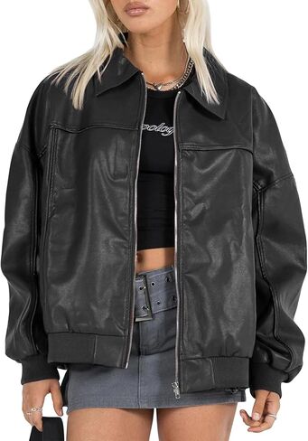 EsheSy Women's Oversized Leather Jacket Faux Suede Boyfriend Motorcycle Full Zip Bomber Jacket in Kuwait