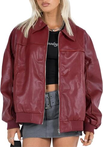 EsheSy Women's Oversized Leather Jacket Faux Suede Boyfriend Motorcycle Full Zip Bomber Jacket in Kuwait