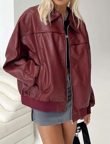 EsheSy Women's Oversized Leather Jacket Faux Suede Boyfriend Motorcycle Full Zip Bomber Jacket in Kuwait