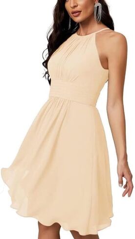 Halter Chiffon Bridesmaid Dresses for Women Knee Length Homecoming Dresses for Teens Pleated Wedding Guest Dresses ACE04 in Saudi Arabia