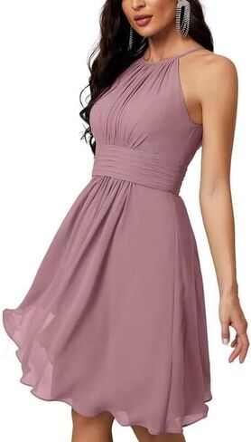 Halter Chiffon Bridesmaid Dresses for Women Knee Length Homecoming Dresses for Teens Pleated Wedding Guest Dresses ACE04 in Saudi Arabia