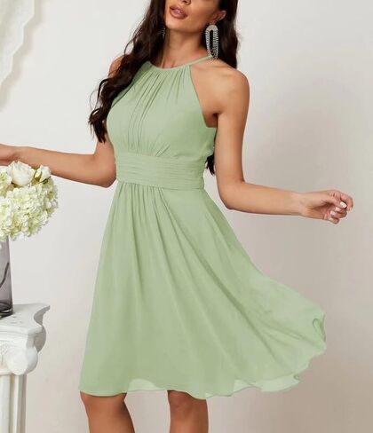 Halter Chiffon Bridesmaid Dresses for Women Knee Length Homecoming Dresses for Teens Pleated Wedding Guest Dresses ACE04 in Saudi Arabia