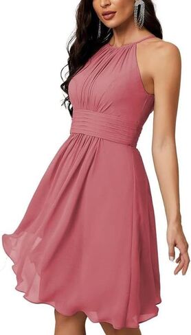 Halter Chiffon Bridesmaid Dresses for Women Knee Length Homecoming Dresses for Teens Pleated Wedding Guest Dresses ACE04 in Saudi Arabia