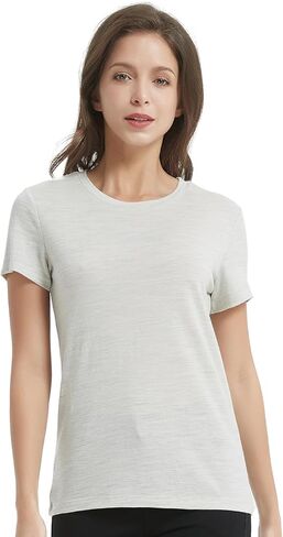 MERIGREENY Women's 100% Merino Wool T Shirts, Lightweight Base Layer, Anti-Odor Athletic Casual Tops for Running Hiking Gym, Light Grey, M in Saudi Arabia