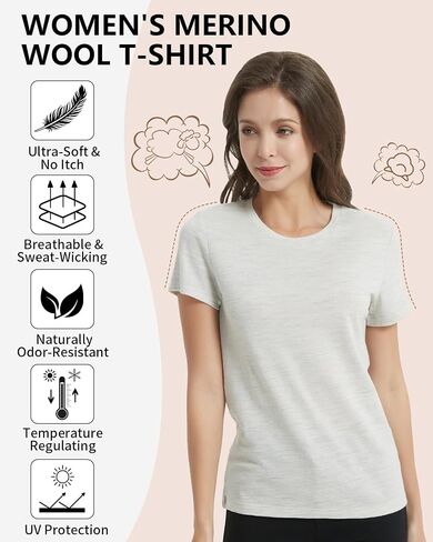 MERIGREENY Women's 100% Merino Wool T Shirts, Lightweight Base Layer, Anti-Odor Athletic Casual Tops for Running Hiking Gym, Light Grey, M in Saudi Arabia