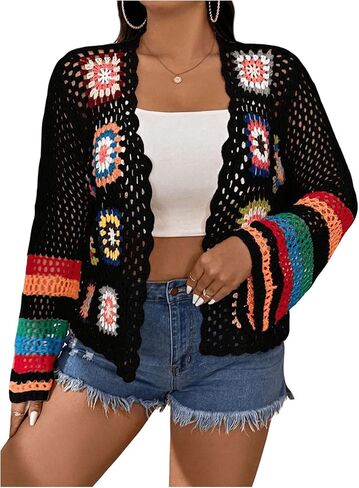 MakeMeChic Women's Plus Size Floral Crochet Cardigans Open Front Bell Sleeve Knitted Outerwear in Saudi Arabia