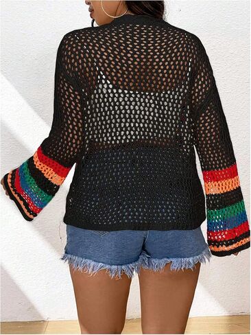 MakeMeChic Women's Plus Size Floral Crochet Cardigans Open Front Bell Sleeve Knitted Outerwear in Saudi Arabia