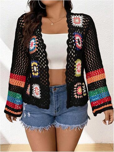 MakeMeChic Women's Plus Size Floral Crochet Cardigans Open Front Bell Sleeve Knitted Outerwear in Saudi Arabia