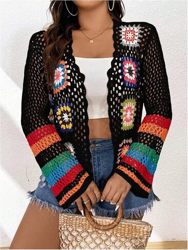 MakeMeChic Women's Plus Size Floral Crochet Cardigans Open Front Bell Sleeve Knitted Outerwear in Saudi Arabia