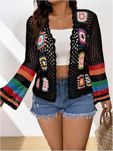 MakeMeChic Women's Plus Size Floral Crochet Cardigans Open Front Bell Sleeve Knitted Outerwear in Saudi Arabia