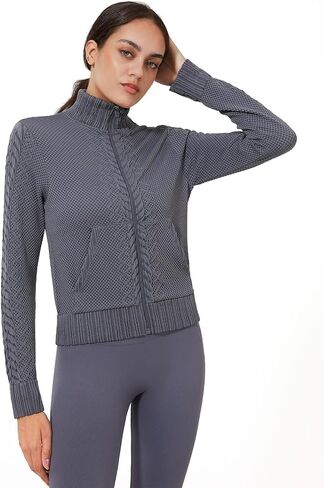 Women's Cardigan Jackets Cropped Lightweight Fall Open Front, Long Sleeve Knit Zip Up Sportswear Slim Fit Workout Tops in Kuwait