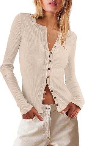 LAMISSCHE Womens Ribbed Cardigan Long Sleeve Button Down Shirts Lightweight Stretchy Pullover Tunic Tops in Saudi Arabia