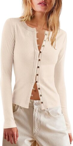 LAMISSCHE Womens Ribbed Cardigan Long Sleeve Button Down Shirts Lightweight Stretchy Pullover Tunic Tops in Saudi Arabia