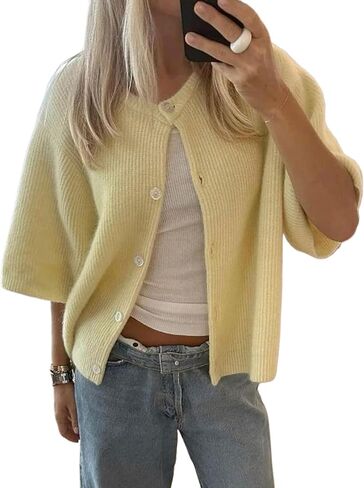 Women Short Sleeve Button Down Cropped Cardigan Sweater T-Shirts Y2k Girls Knit Pullover Crop Tops Fall Clothes in Saudi Arabia
