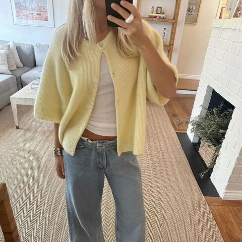 Women Short Sleeve Button Down Cropped Cardigan Sweater T-Shirts Y2k Girls Knit Pullover Crop Tops Fall Clothes in Saudi Arabia