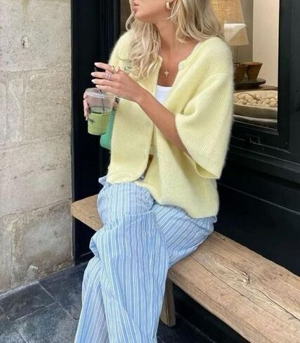 Women Short Sleeve Button Down Cropped Cardigan Sweater T-Shirts Y2k Girls Knit Pullover Crop Tops Fall Clothes in Saudi Arabia
