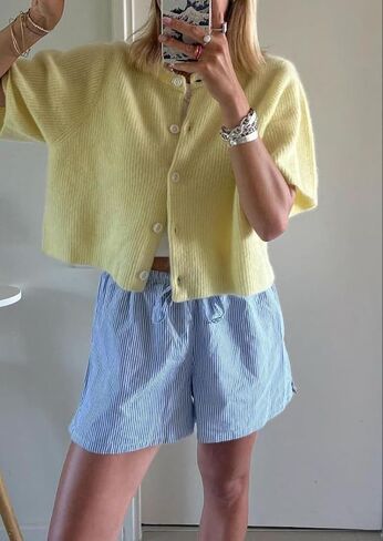Women Short Sleeve Button Down Cropped Cardigan Sweater T-Shirts Y2k Girls Knit Pullover Crop Tops Fall Clothes in Saudi Arabia