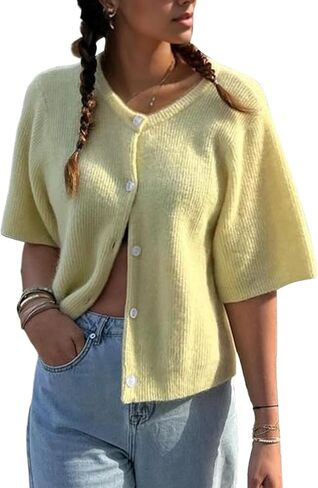Women Short Sleeve Button Down Cropped Cardigan Sweater T-Shirts Y2k Girls Knit Pullover Crop Tops Fall Clothes in Saudi Arabia